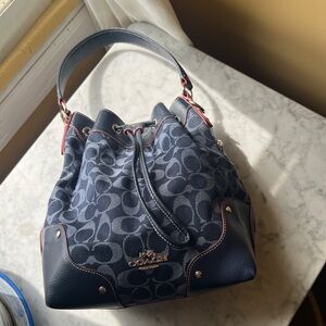 Coach Navy Signature Canvas and Leather Drawstring Hobo with Red Trim